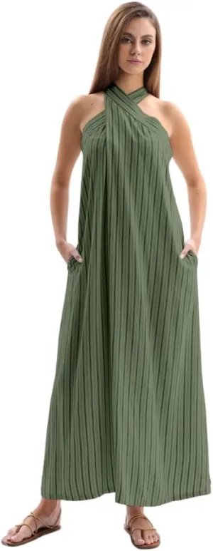 Amazhiyu Women's Linen Striped Halter Sleeveless Maxi Dresses Summer with Pockets