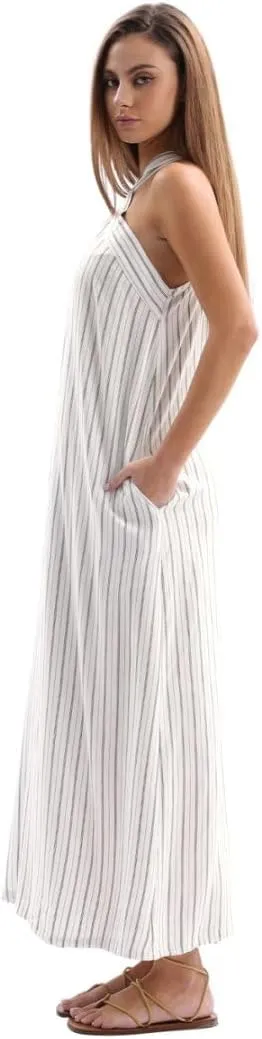 Amazhiyu Women's Linen Striped Halter Sleeveless Maxi Dresses Summer with Pockets