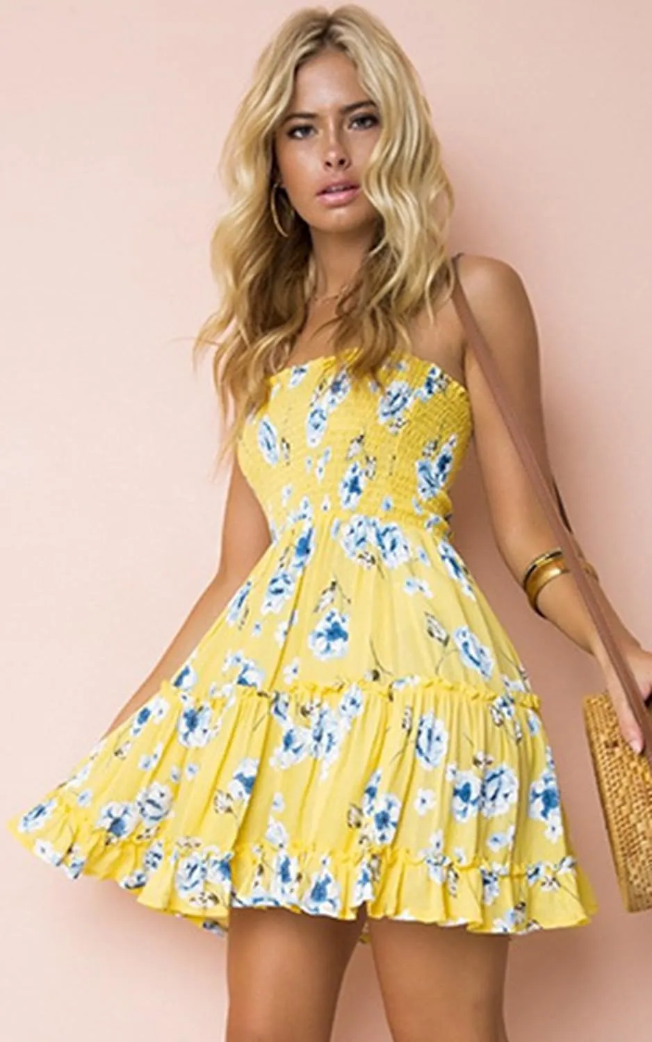 Angashion Women's Floral Strapless Pleated Flowy Skater Mini Tube Dress