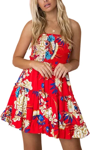 Angashion Women's Floral Strapless Pleated Flowy Skater Mini Tube Dress