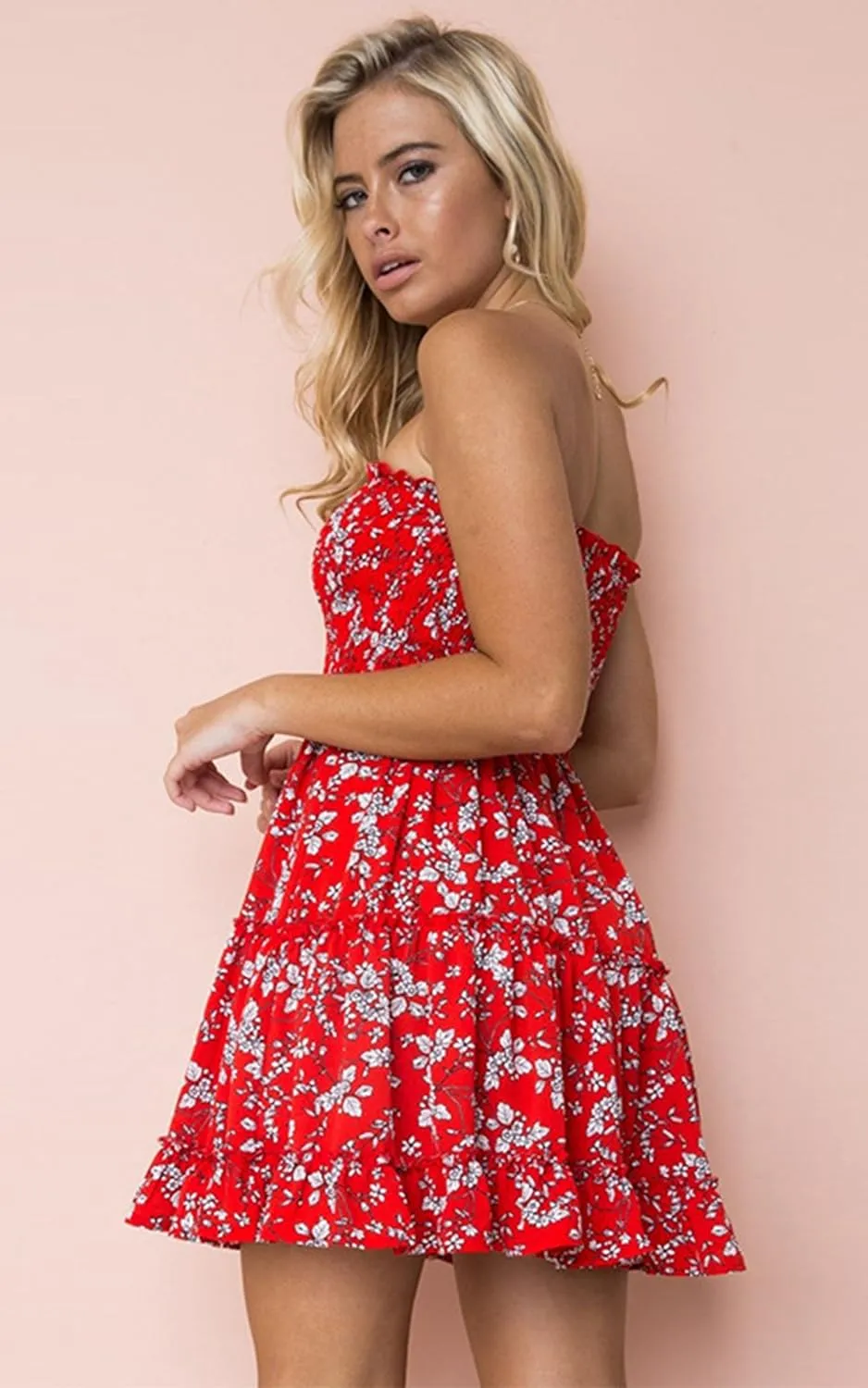 Angashion Women's Floral Strapless Pleated Flowy Skater Mini Tube Dress