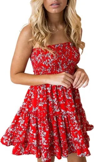 Angashion Women's Floral Strapless Pleated Flowy Skater Mini Tube Dress