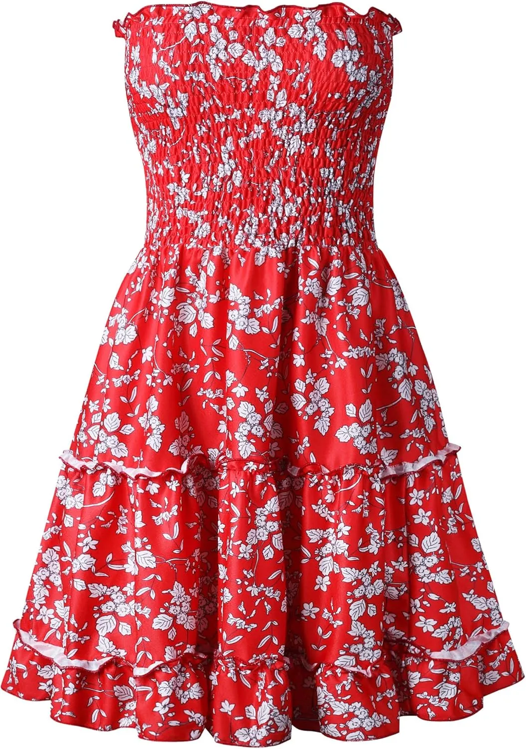 Angashion Women's Floral Strapless Pleated Flowy Skater Mini Tube Dress