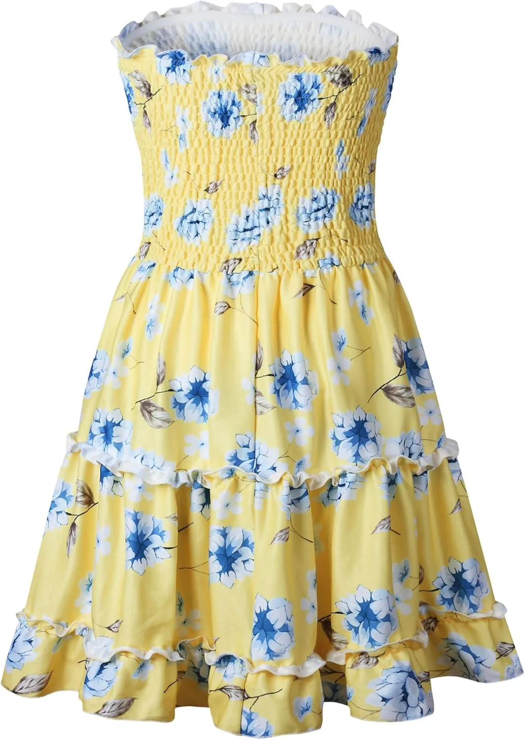 Angashion Women's Floral Strapless Pleated Flowy Skater Mini Tube Dress