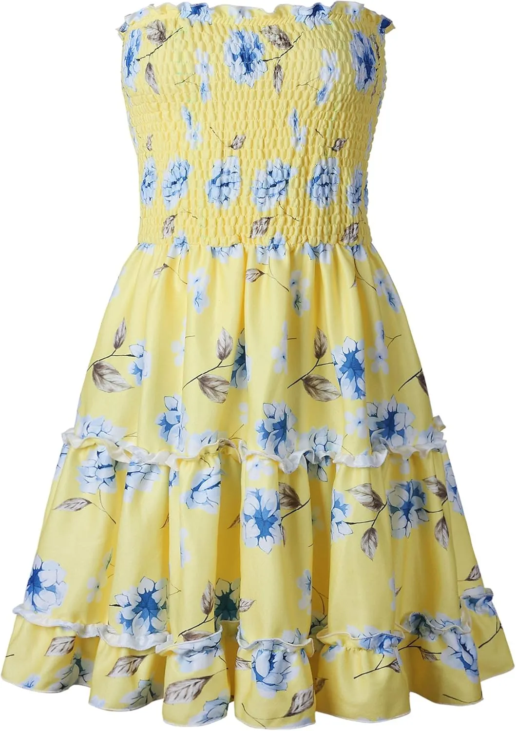Angashion Women's Floral Strapless Pleated Flowy Skater Mini Tube Dress