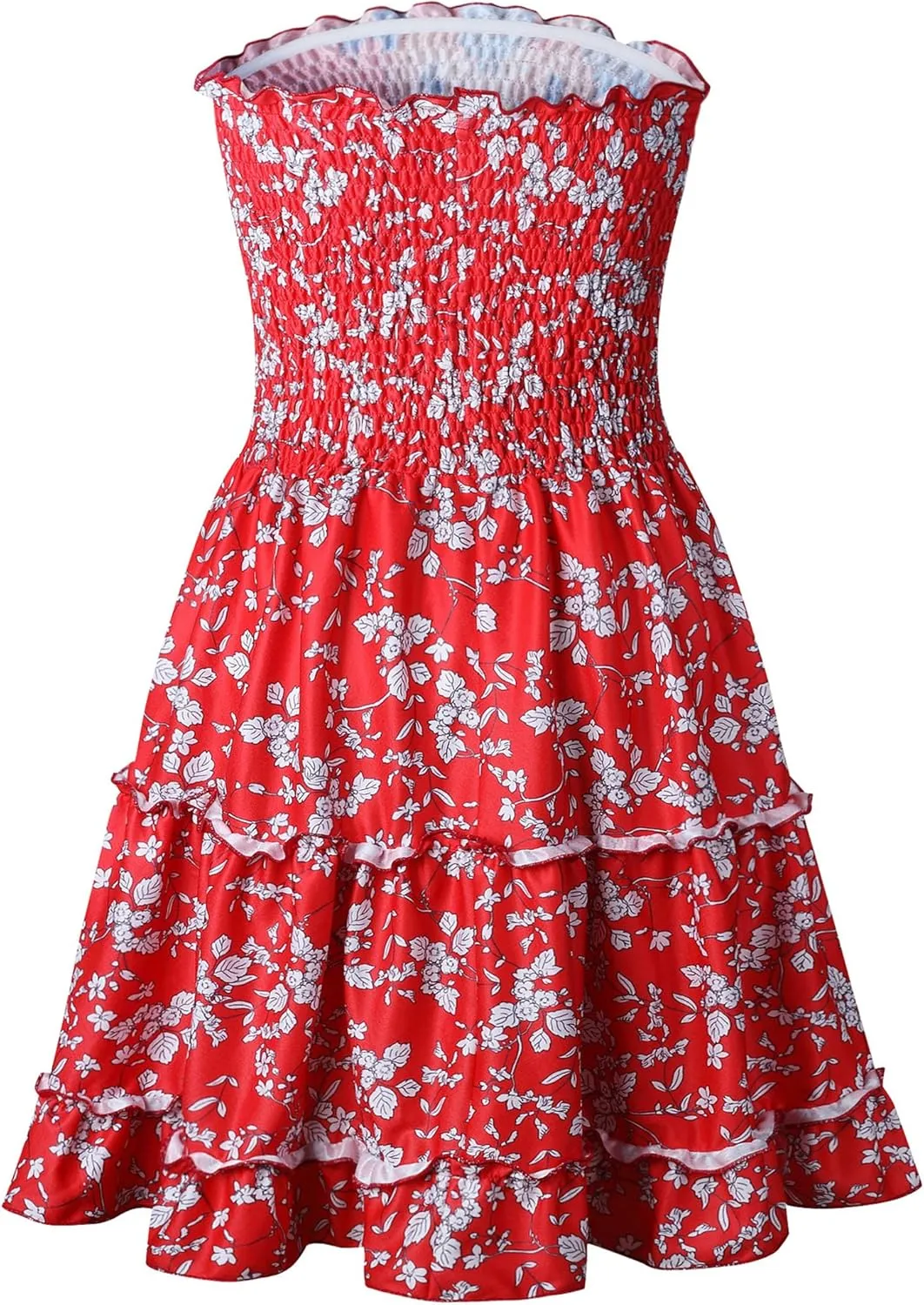 Angashion Women's Floral Strapless Pleated Flowy Skater Mini Tube Dress