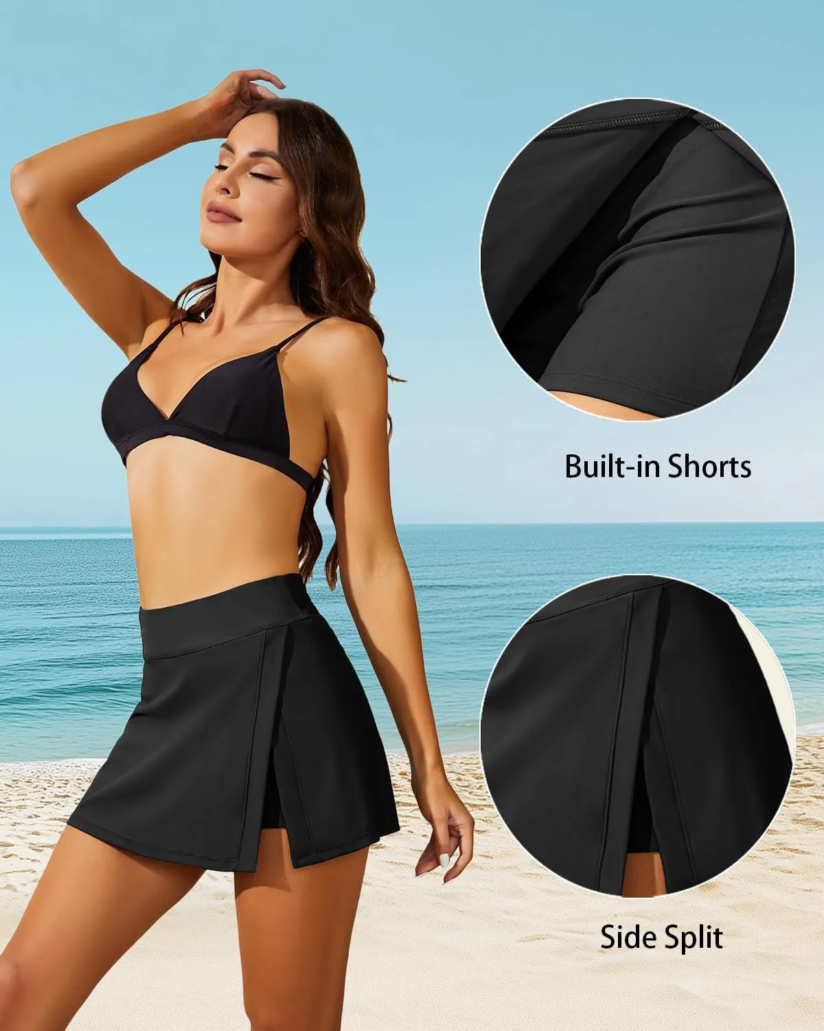 Aqua Eve Women Swim Skirt Tummy Control Swimsuit Skirt with Built-in Shorts High Waisted Split Swim Bottom