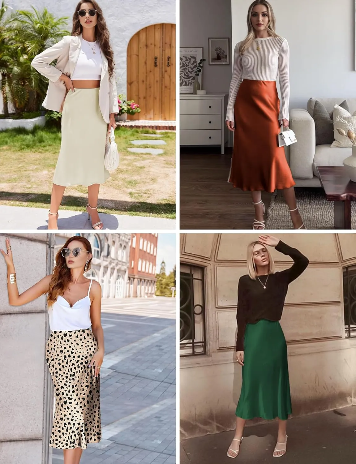AURUZA Satin Midi Skirts for Women, Black Long Skirt with Hidden Elasticized Waistband, High Waisted Flared A-line Silk Dress