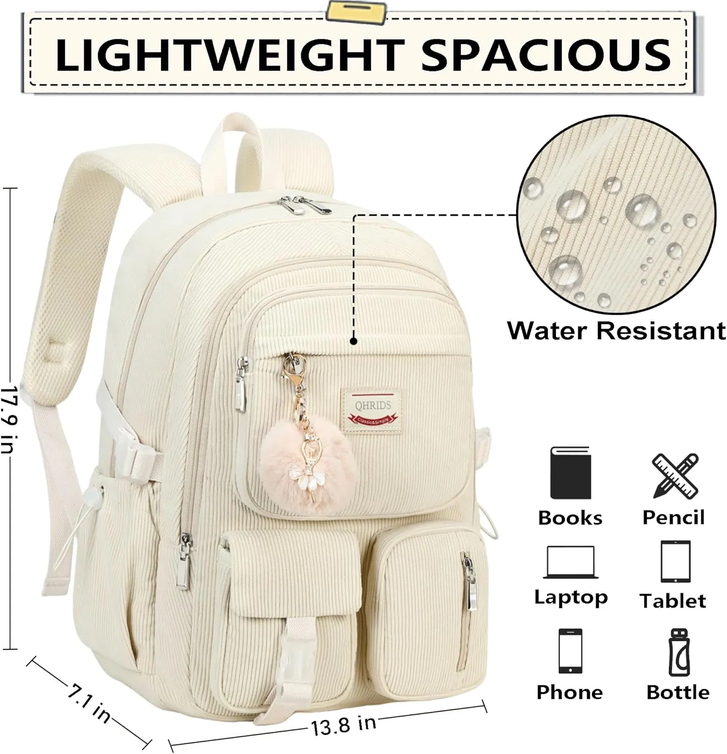 Backpack for Girls Big Student Corduroy Laptop Backpack for College Kids Elementary Middle High School Bag Anti Theft Bookbag Travel Daypack Womens(Corduroy Beige)