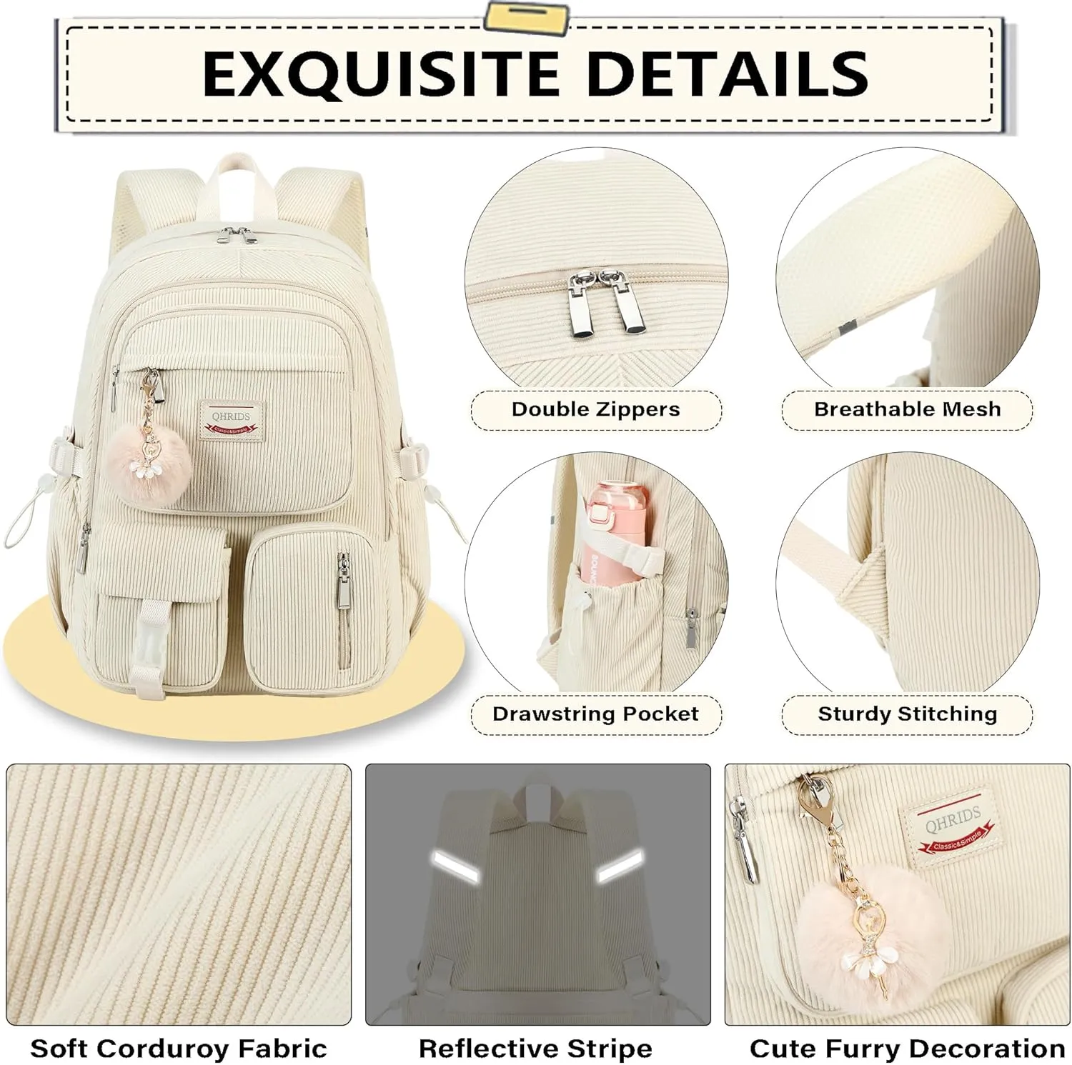 Backpack for Girls Big Student Corduroy Laptop Backpack for College Kids Elementary Middle High School Bag Anti Theft Bookbag Travel Daypack Womens(Corduroy Beige)