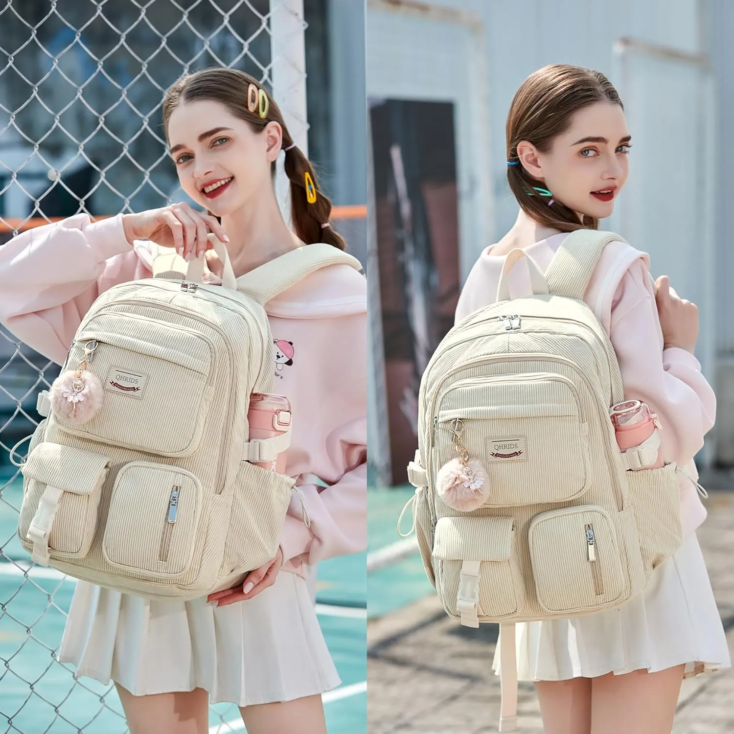Backpack for Girls Big Student Corduroy Laptop Backpack for College Kids Elementary Middle High School Bag Anti Theft Bookbag Travel Daypack Womens(Corduroy Beige)