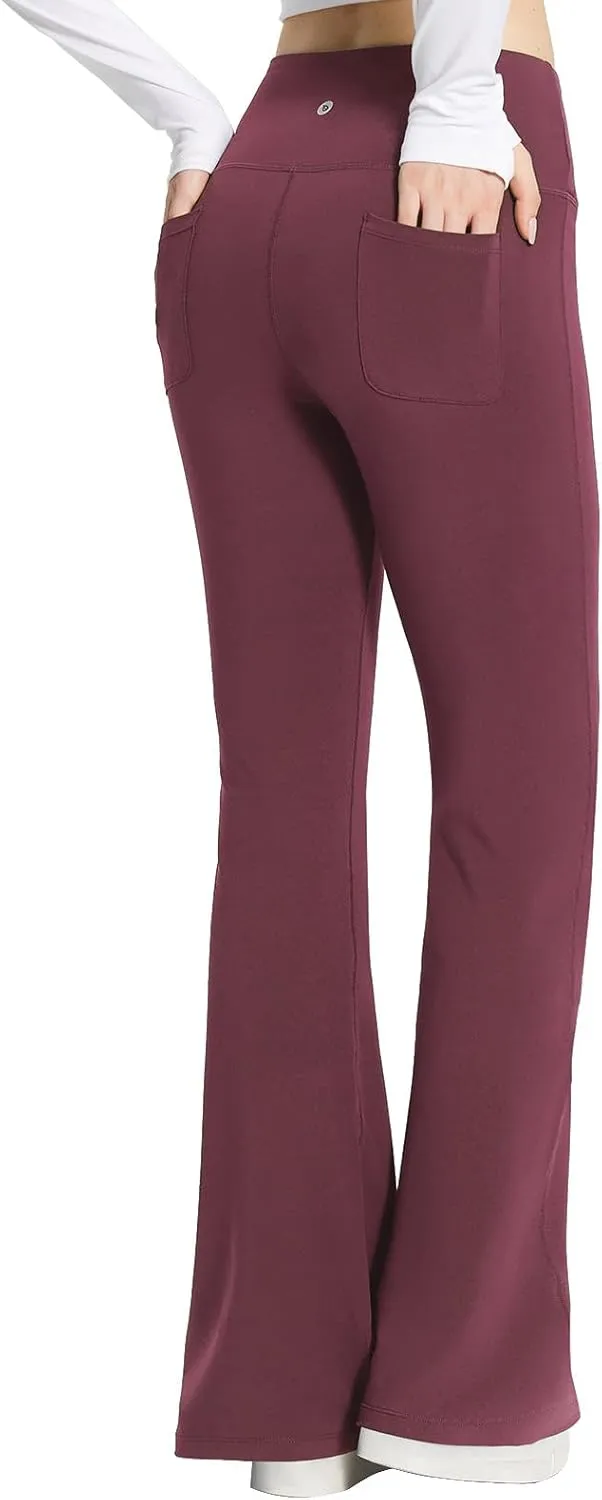 baleaf Womens Cotton Yoga Dress Pants Flare Leggings with Pockets Work Office High Waist Bell Bottom Bootcut Tall 32"