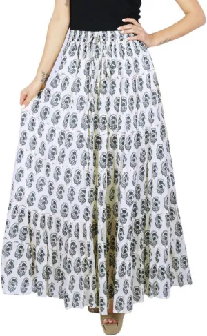 Bimba Womens Long Flaired Cotton Skirt Printed Boho Style Maxi Elastic Waist Bottoms