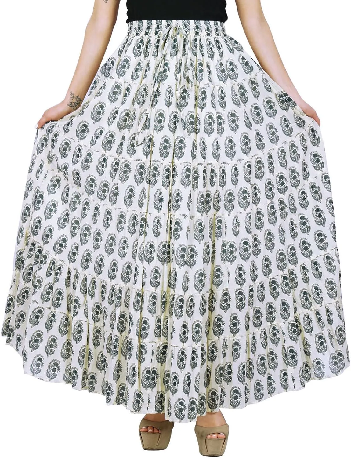 Bimba Womens Long Flaired Cotton Skirt Printed Boho Style Maxi Elastic Waist Bottoms