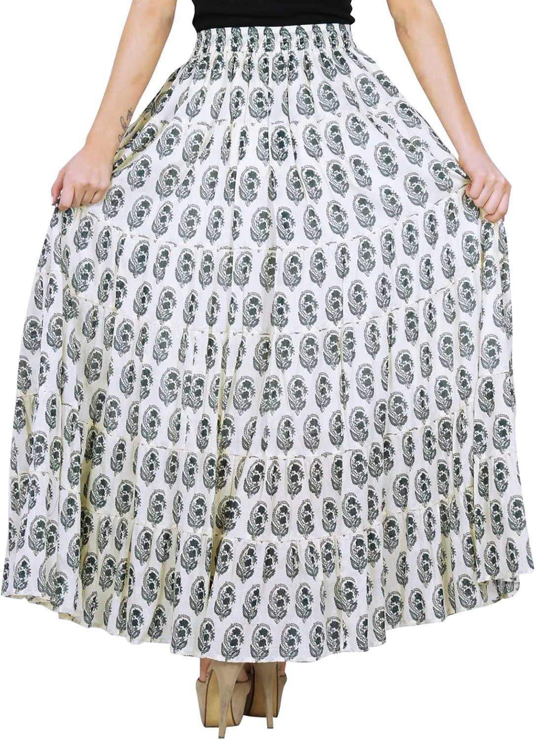 Bimba Womens Long Flaired Cotton Skirt Printed Boho Style Maxi Elastic Waist Bottoms