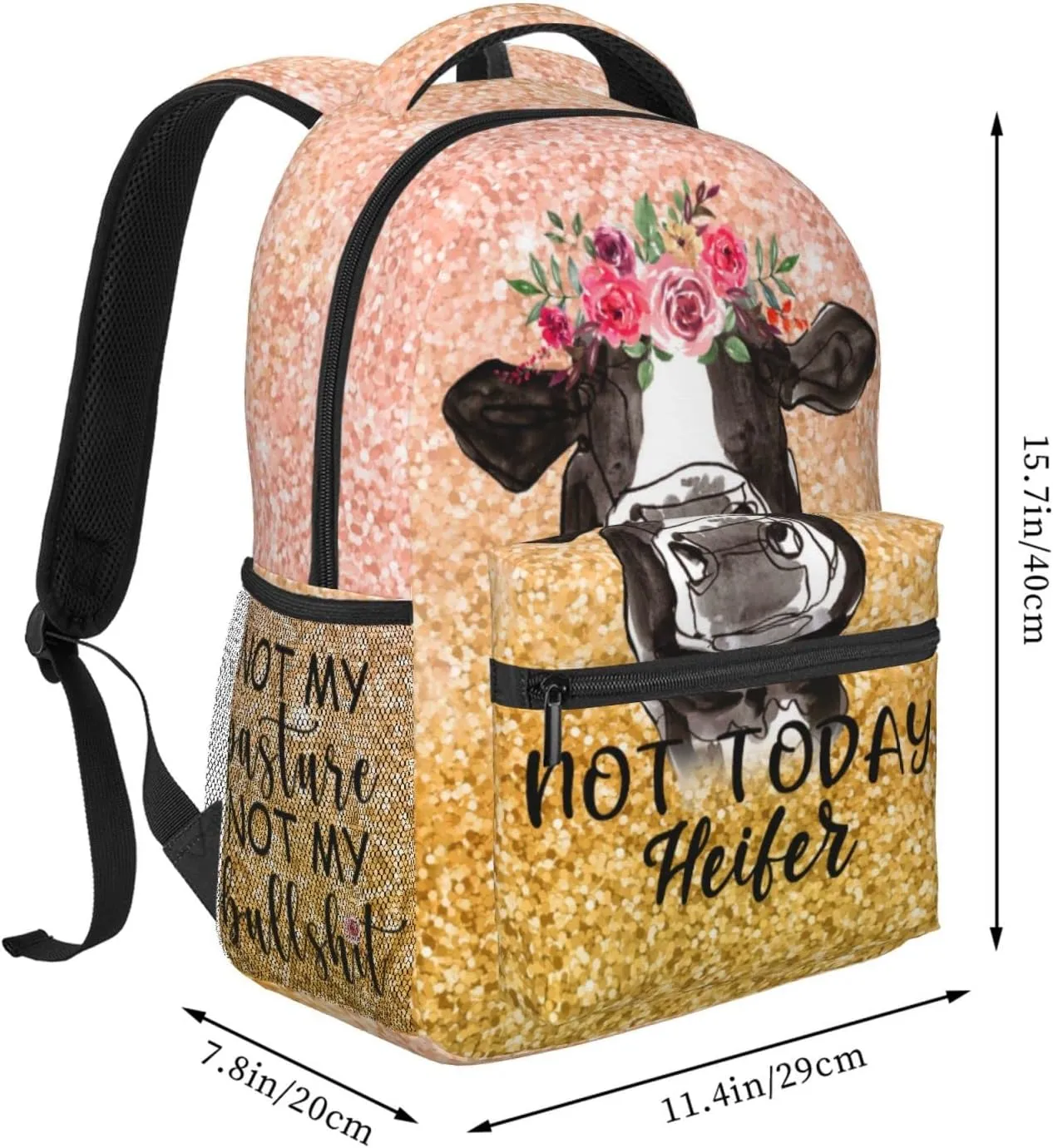 Bling Farmer Cow Sunflower Backpack Bull Cattle Double Shoulder Bag Cow Print Laptop Bagpack for Men Women Cow Stuff Accessories Bookbag for Work Camping Travel