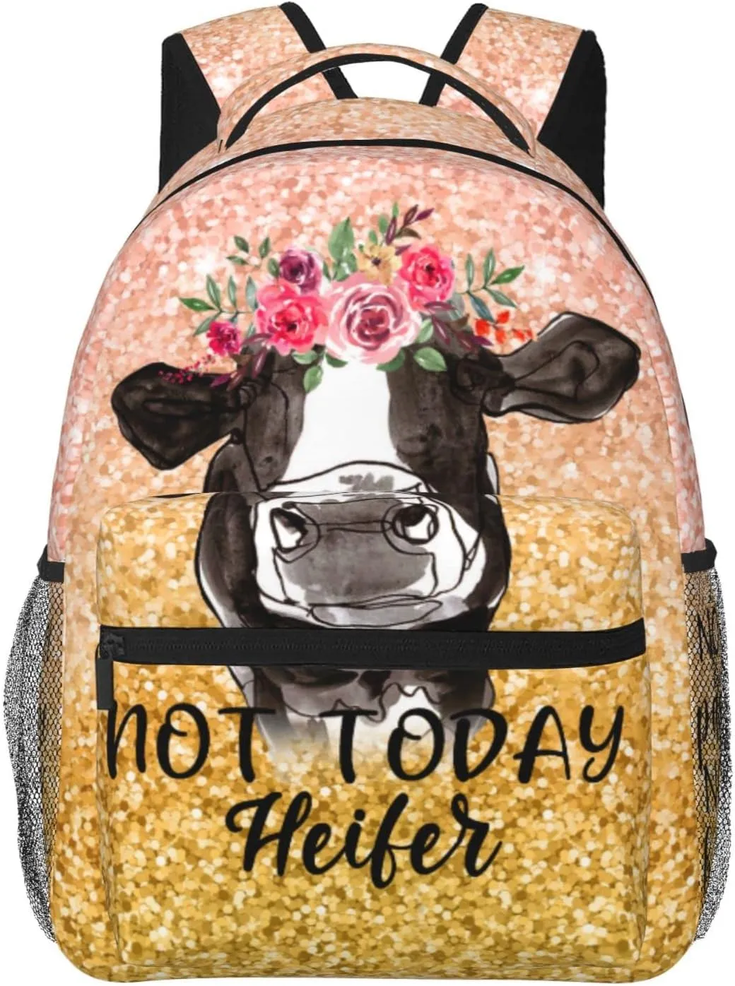 Bling Farmer Cow Sunflower Backpack Bull Cattle Double Shoulder Bag Cow Print Laptop Bagpack for Men Women Cow Stuff Accessories Bookbag for Work Camping Travel