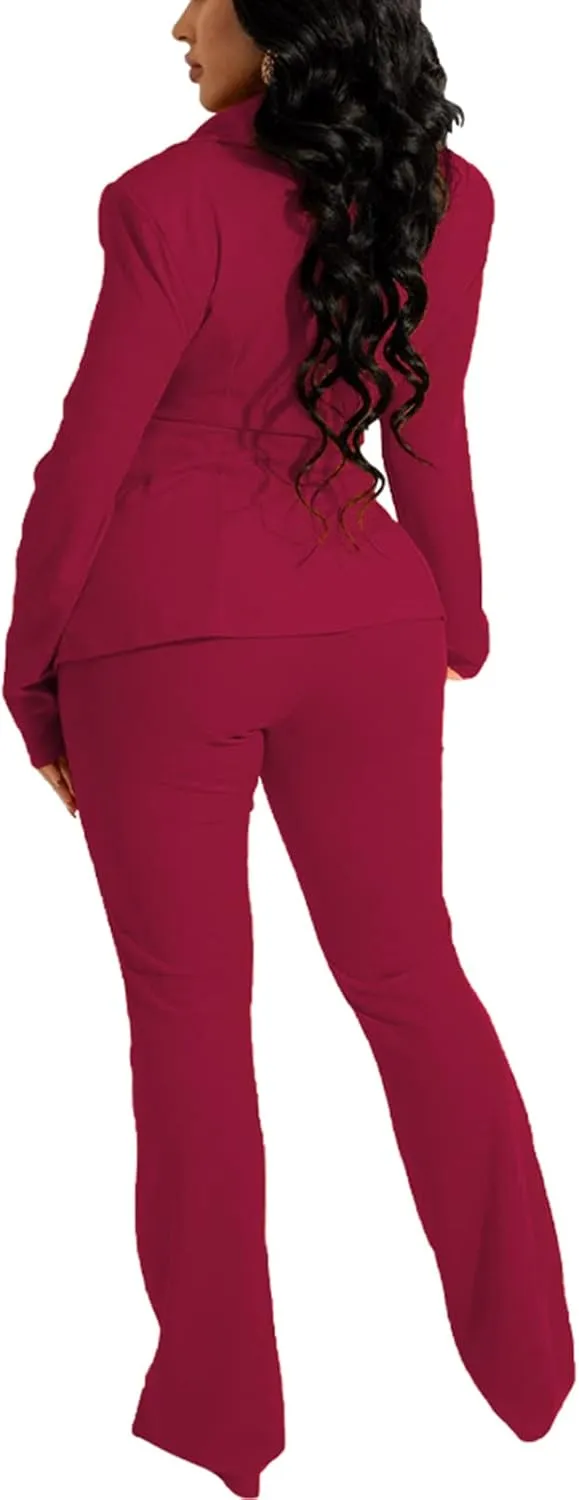 Bluewolfsea Women 2 Piece Outfits Work Casual Long Sleeve Open Front Blazer and Pants Set Ladies Business Suits Sets