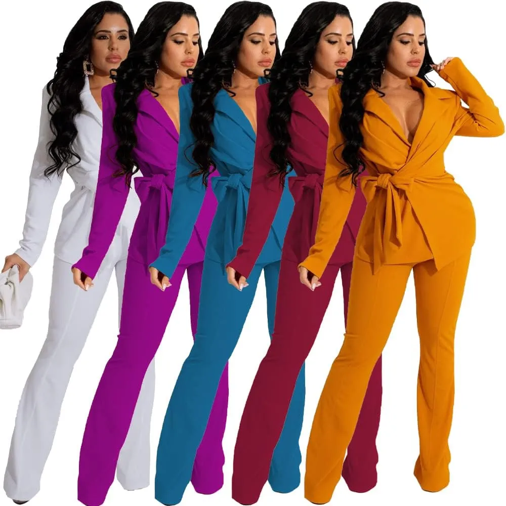 Bluewolfsea Women 2 Piece Outfits Work Casual Long Sleeve Open Front Blazer and Pants Set Ladies Business Suits Sets