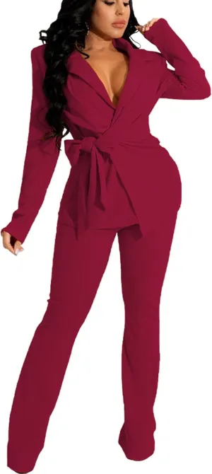 Bluewolfsea Women 2 Piece Outfits Work Casual Long Sleeve Open Front Blazer and Pants Set Ladies Business Suits Sets