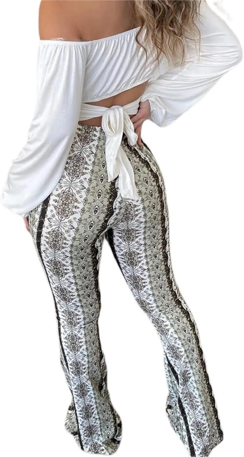 Boho Print Flare Pants for Women High Waist Stretch Comfy Bell Bottom Trousers 70s Hippie Pants Floral Yoga Leggings