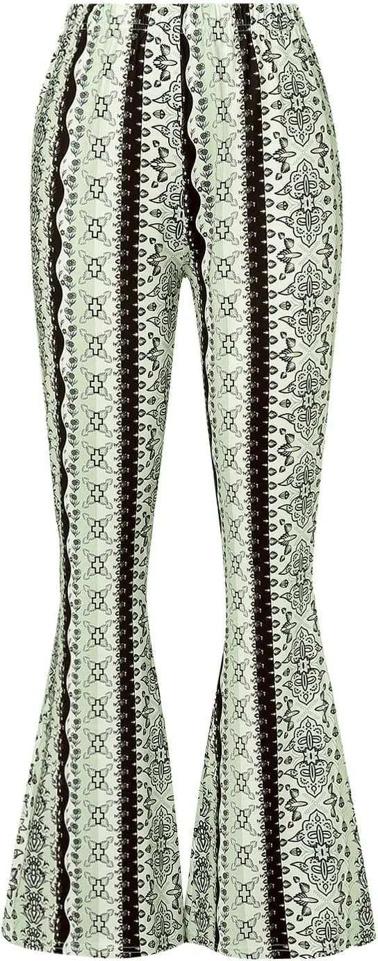 Boho Print Flare Pants for Women High Waist Stretch Comfy Bell Bottom Trousers 70s Hippie Pants Floral Yoga Leggings