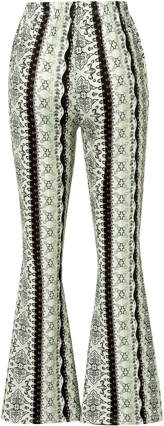 Boho Print Flare Pants for Women High Waist Stretch Comfy Bell Bottom Trousers 70s Hippie Pants Floral Yoga Leggings
