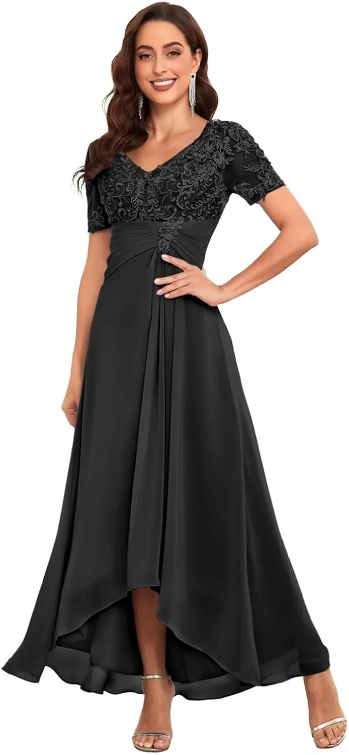 BOLENSYE Lace Appliques Mother of The Bride Dresses for Wedding with Sleeves Chiffon Formal Evening Party Gown
