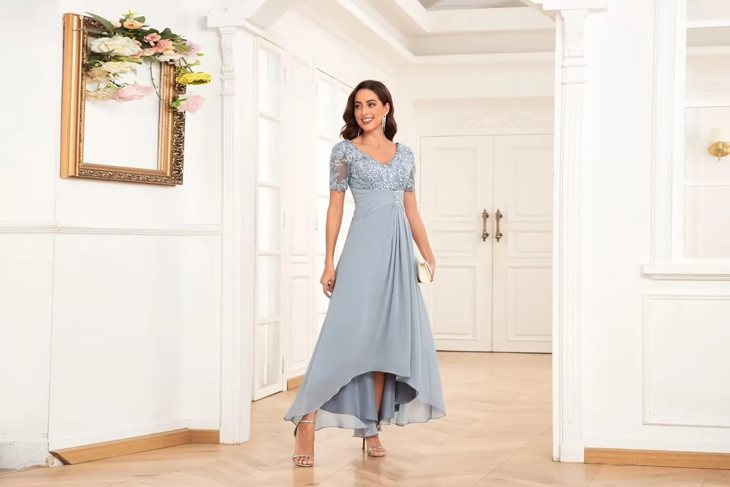 BOLENSYE Lace Appliques Mother of The Bride Dresses for Wedding with Sleeves Chiffon Formal Evening Party Gown