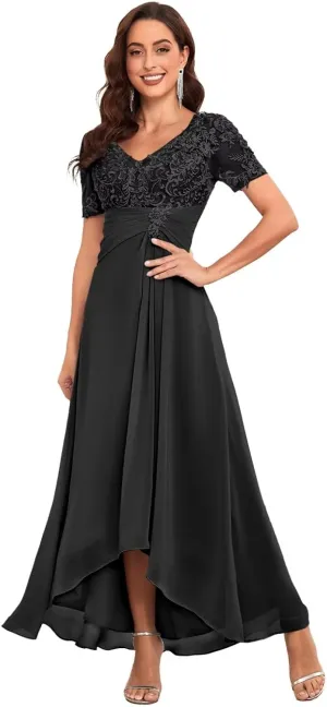 BOLENSYE Lace Appliques Mother of The Bride Dresses for Wedding with Sleeves Chiffon Formal Evening Party Gown