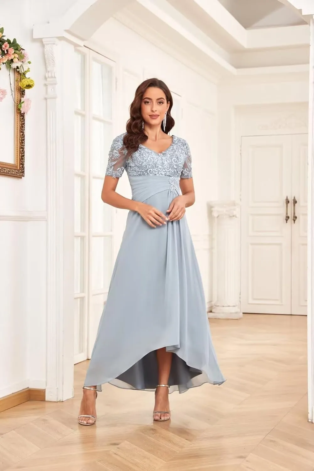 BOLENSYE Lace Appliques Mother of The Bride Dresses for Wedding with Sleeves Chiffon Formal Evening Party Gown