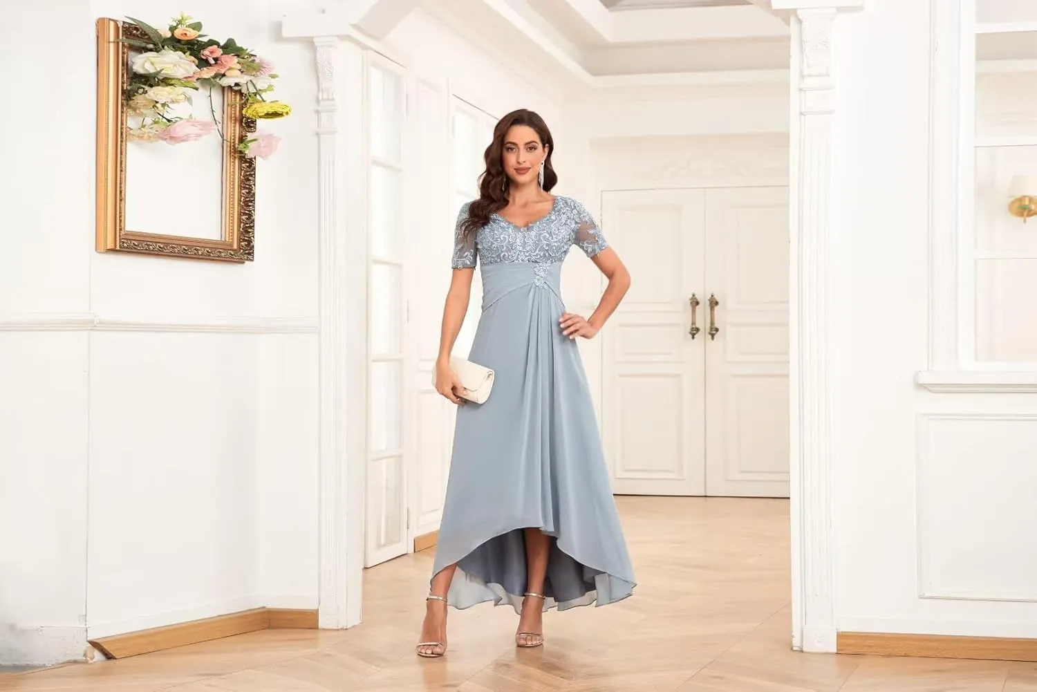 BOLENSYE Lace Appliques Mother of The Bride Dresses for Wedding with Sleeves Chiffon Formal Evening Party Gown