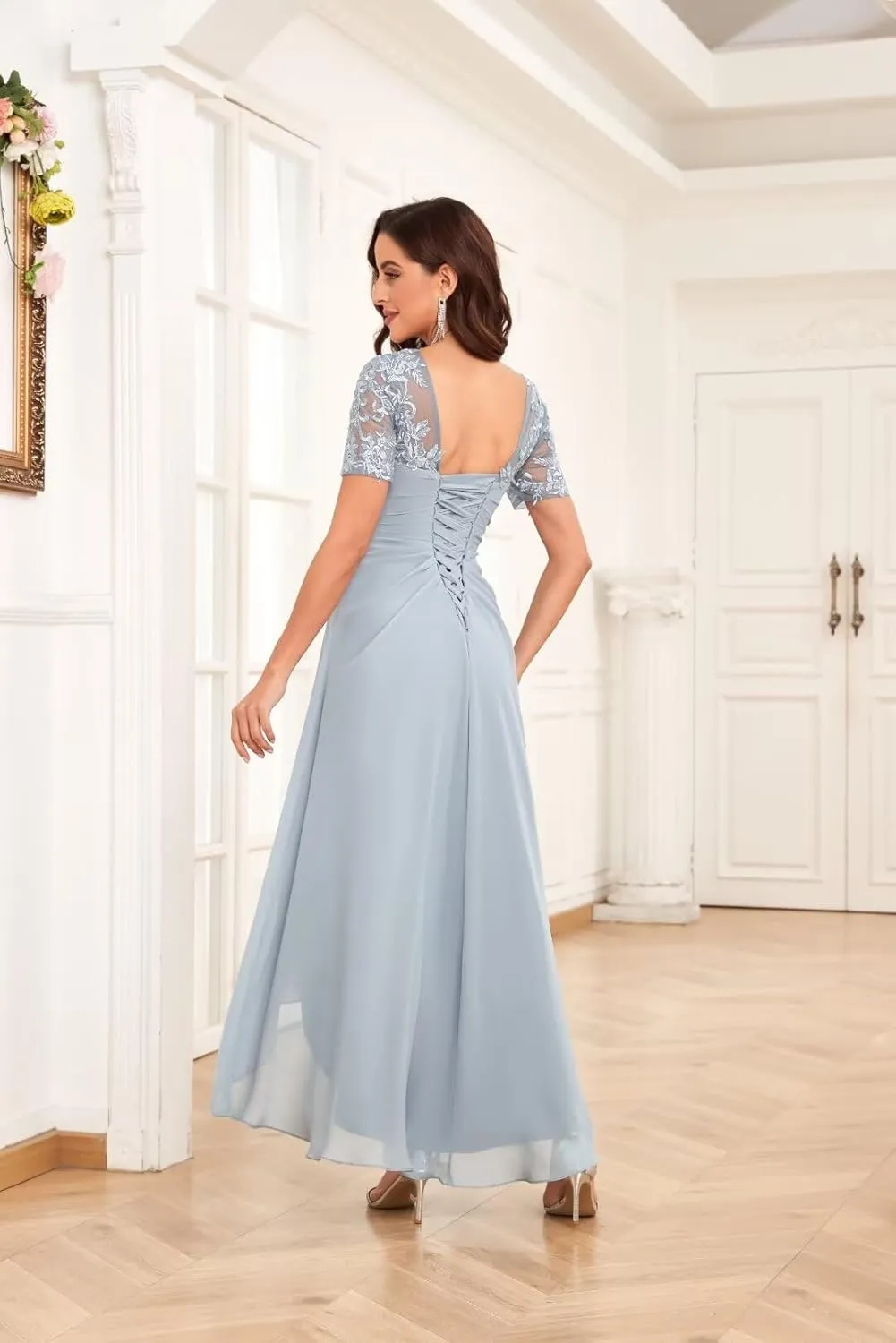BOLENSYE Lace Appliques Mother of The Bride Dresses for Wedding with Sleeves Chiffon Formal Evening Party Gown