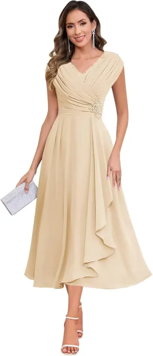 BOLENSYE Mother of The Bride Dresses for Wedding Cap Sleeve Lace Chiffon Mother of The Groom Formal Dress for Women