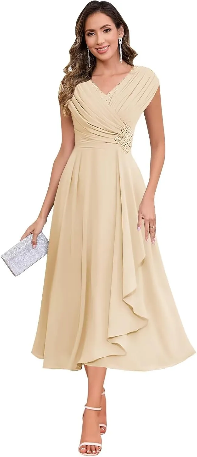 BOLENSYE Mother of The Bride Dresses for Wedding Cap Sleeve Lace Chiffon Mother of The Groom Formal Dress for Women
