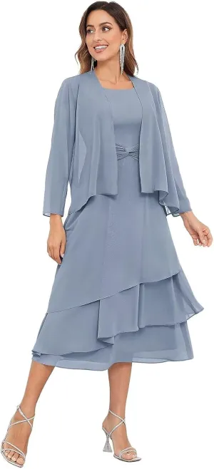 BOLENSYE Women's 2 Pieces Mother of The Bride Dresses for Wedding with Jacket Tea Length Formal Evening Party Gown