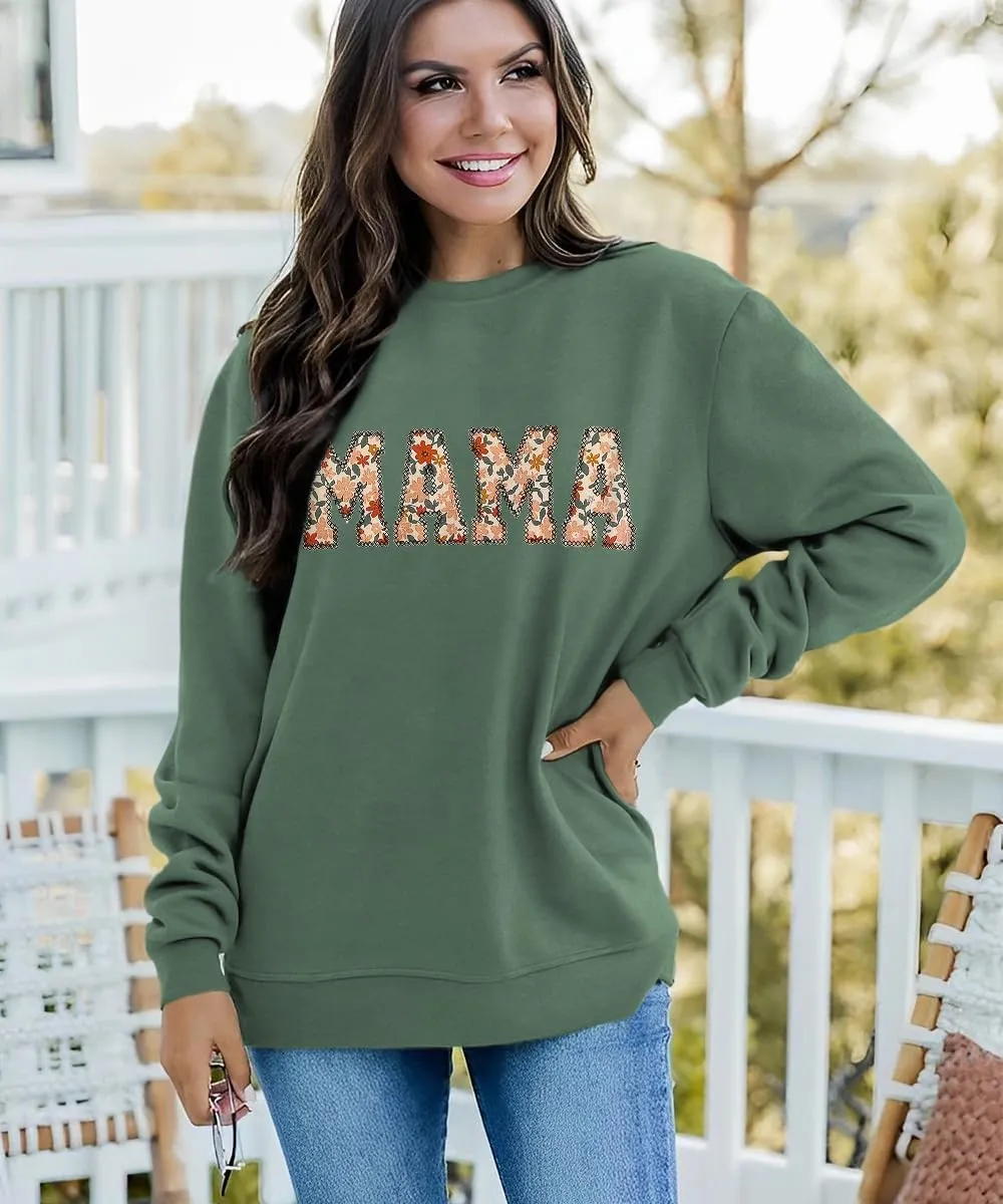 BOUTIKOME Mama Sweatshirt Women Funny Mama Letter Print Graphic Mom Life Long Sleeve Crewneck Pullover Shirt Loose Tops