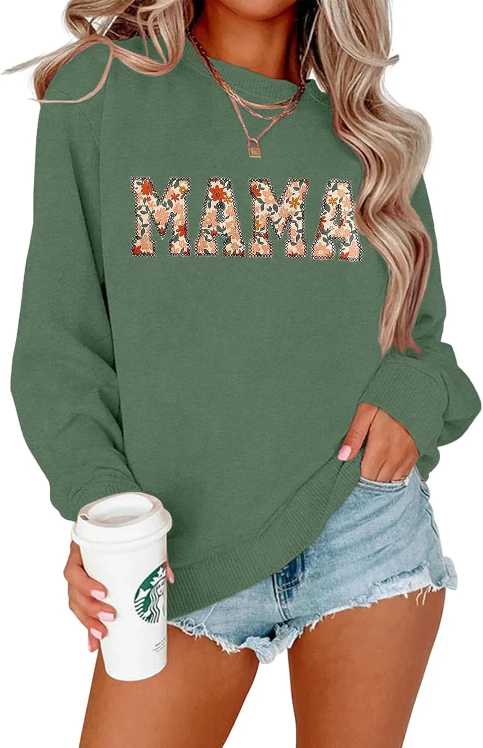 BOUTIKOME Mama Sweatshirt Women Funny Mama Letter Print Graphic Mom Life Long Sleeve Crewneck Pullover Shirt Loose Tops
