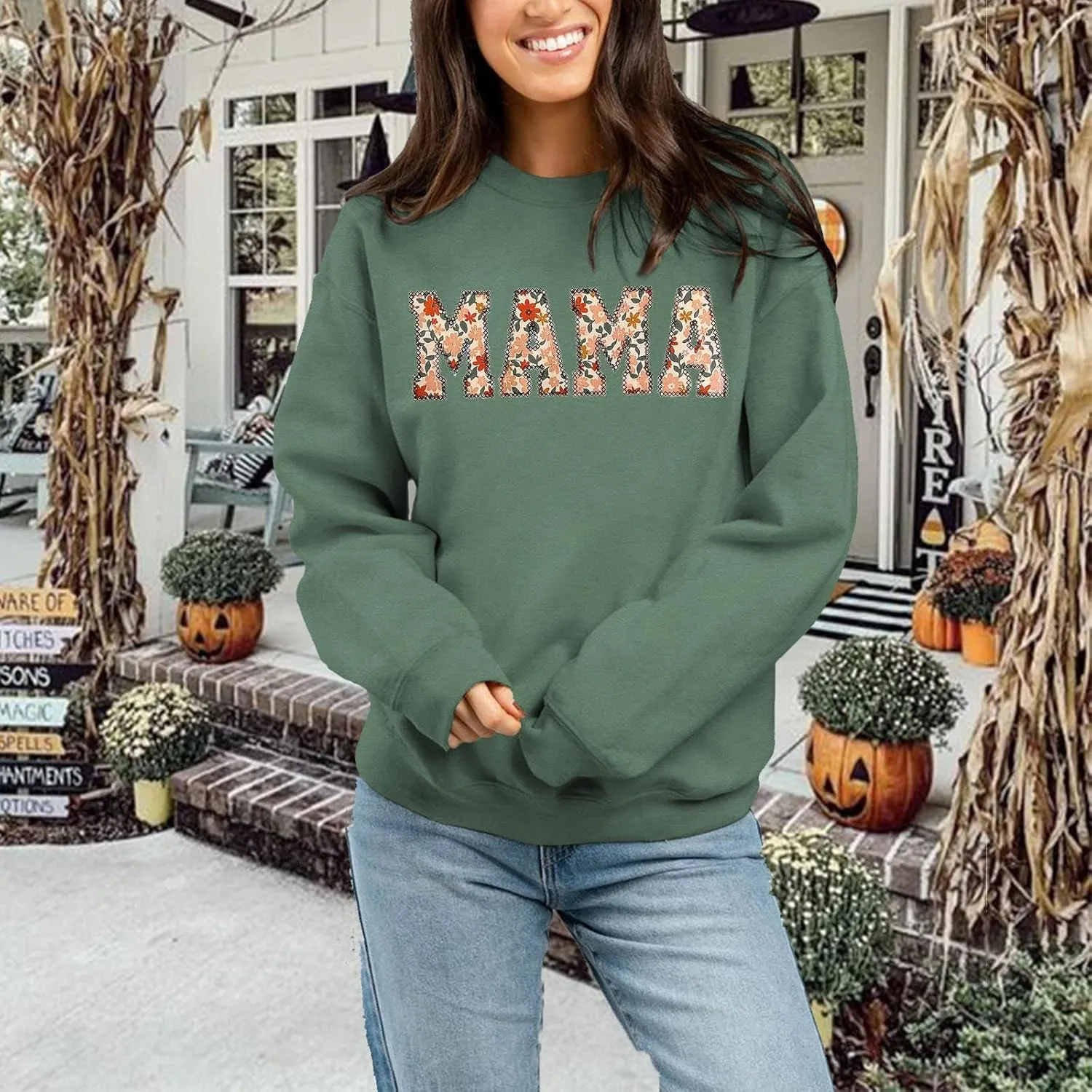 BOUTIKOME Mama Sweatshirt Women Funny Mama Letter Print Graphic Mom Life Long Sleeve Crewneck Pullover Shirt Loose Tops