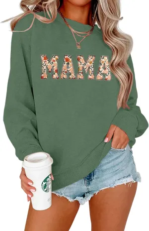BOUTIKOME Mama Sweatshirt Women Funny Mama Letter Print Graphic Mom Life Long Sleeve Crewneck Pullover Shirt Loose Tops