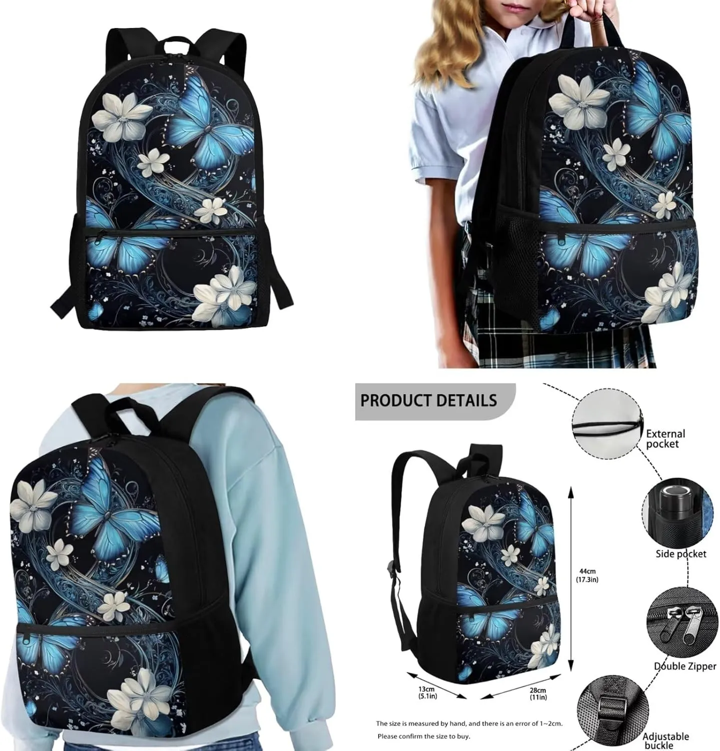 Butterfly Floral Girls Back Pack for School Teen Kids Blue Bookbag Set Kids School Bag Large Capacity Backpack with Picnic Lunch Box Pencil Case Water Bottle Sleeve Preschool Bookbag Satchel