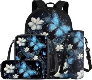 Butterfly Floral Girls Back Pack for School Teen Kids Blue Bookbag Set Kids School Bag Large Capacity Backpack with Picnic Lunch Box Pencil Case Water Bottle Sleeve Preschool Bookbag Satchel