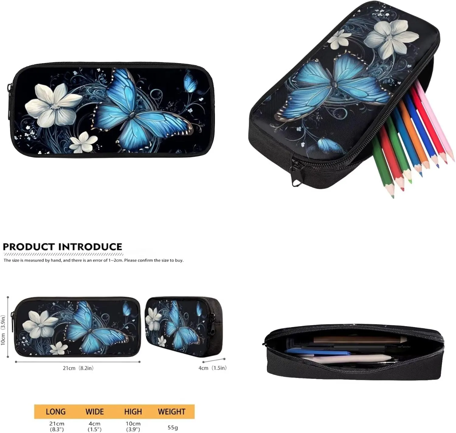 Butterfly Floral Girls Back Pack for School Teen Kids Blue Bookbag Set Kids School Bag Large Capacity Backpack with Picnic Lunch Box Pencil Case Water Bottle Sleeve Preschool Bookbag Satchel