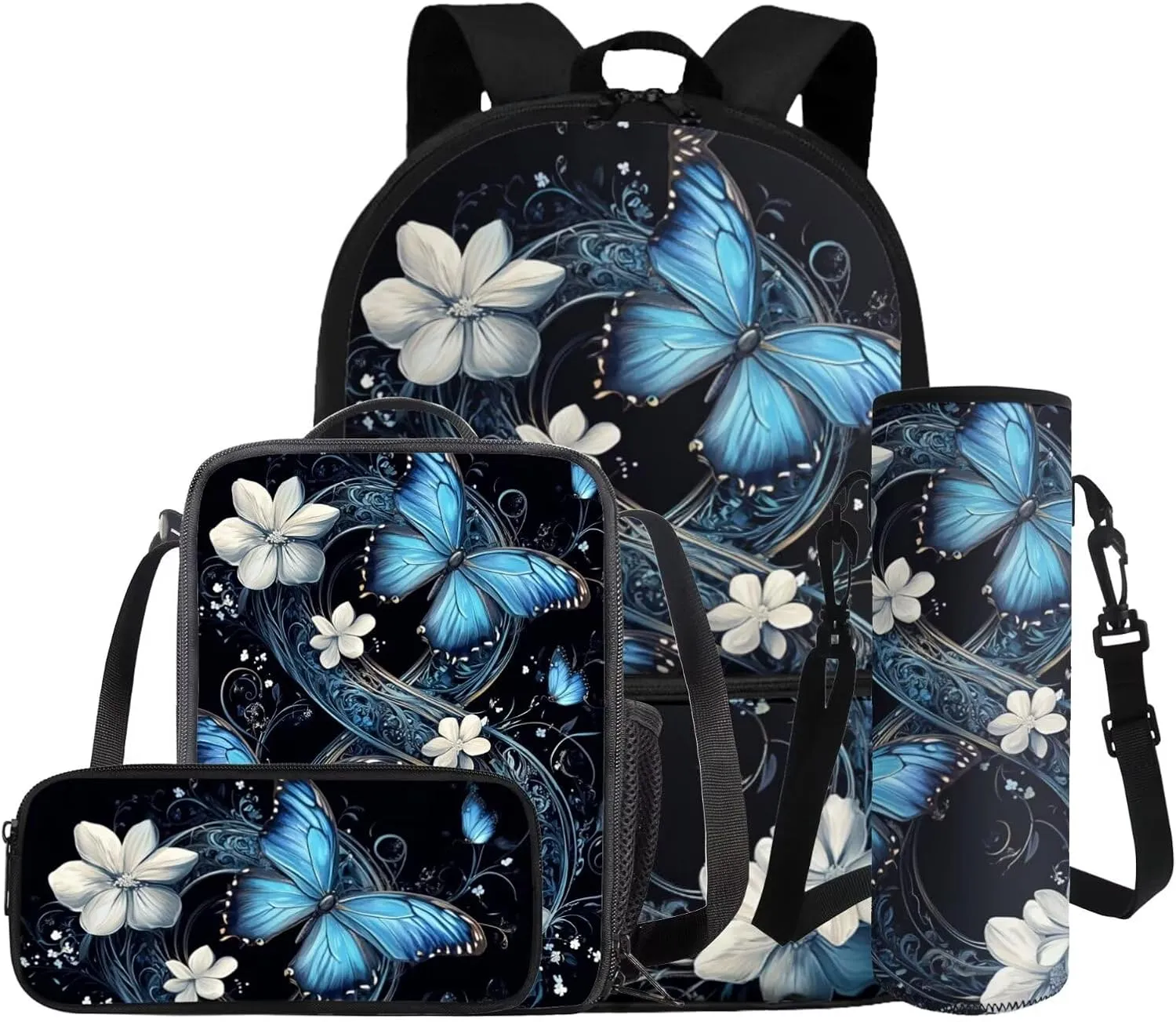 Butterfly Floral Girls Back Pack for School Teen Kids Blue Bookbag Set Kids School Bag Large Capacity Backpack with Picnic Lunch Box Pencil Case Water Bottle Sleeve Preschool Bookbag Satchel