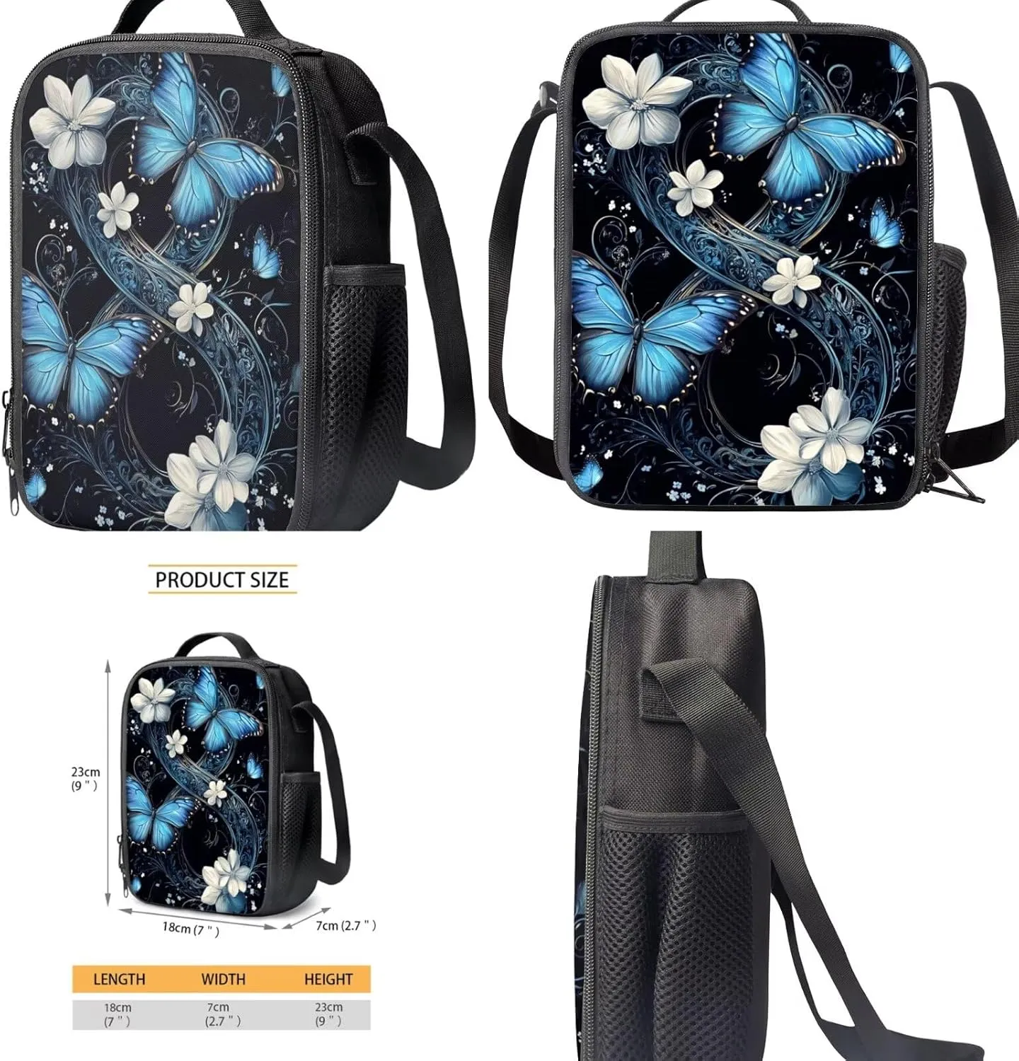 Butterfly Floral Girls Back Pack for School Teen Kids Blue Bookbag Set Kids School Bag Large Capacity Backpack with Picnic Lunch Box Pencil Case Water Bottle Sleeve Preschool Bookbag Satchel