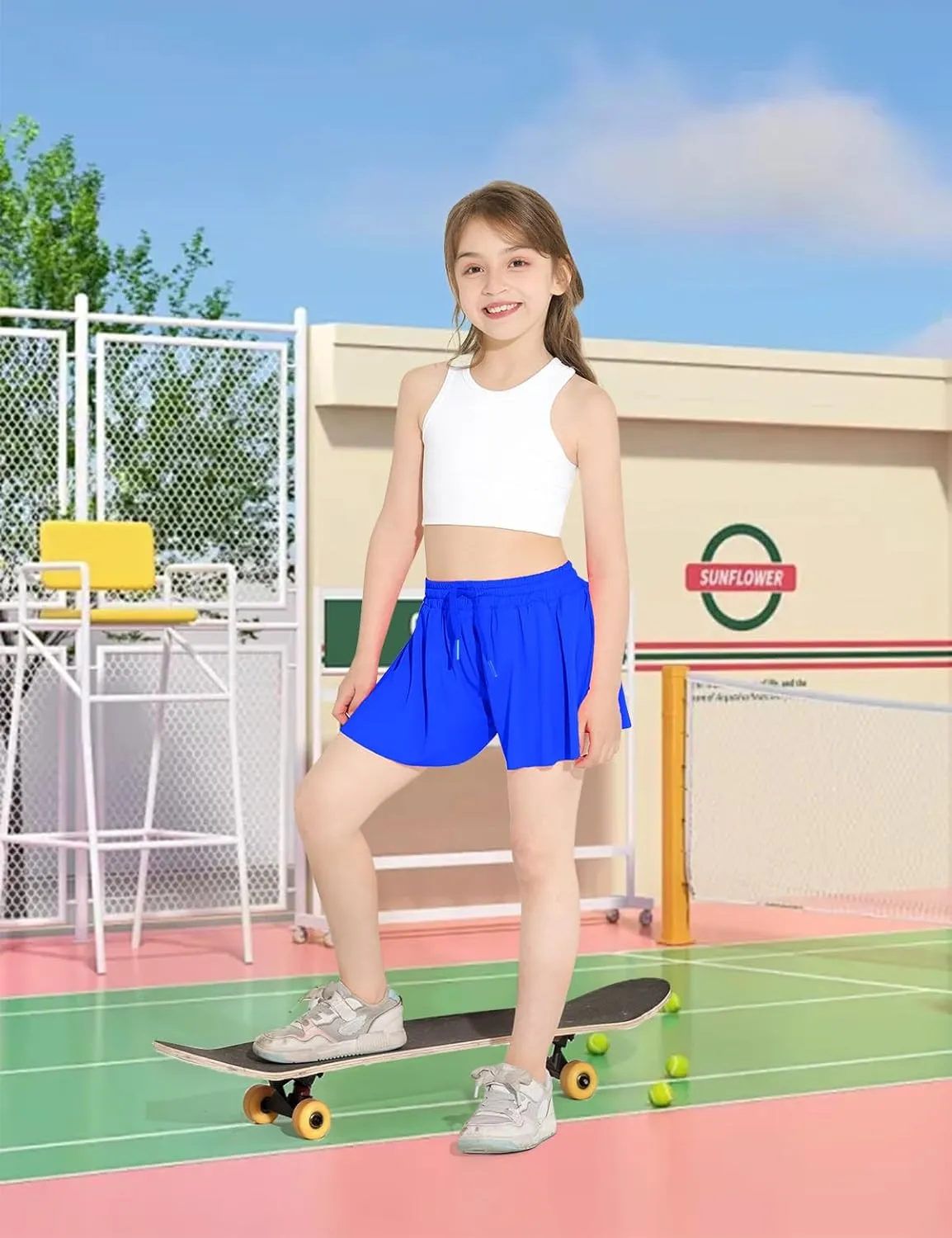 Butterfly Shorts Girls 2 in 1 Flowy Skorts with Pocket Athletic Running Tennis Skirts 3-14Y