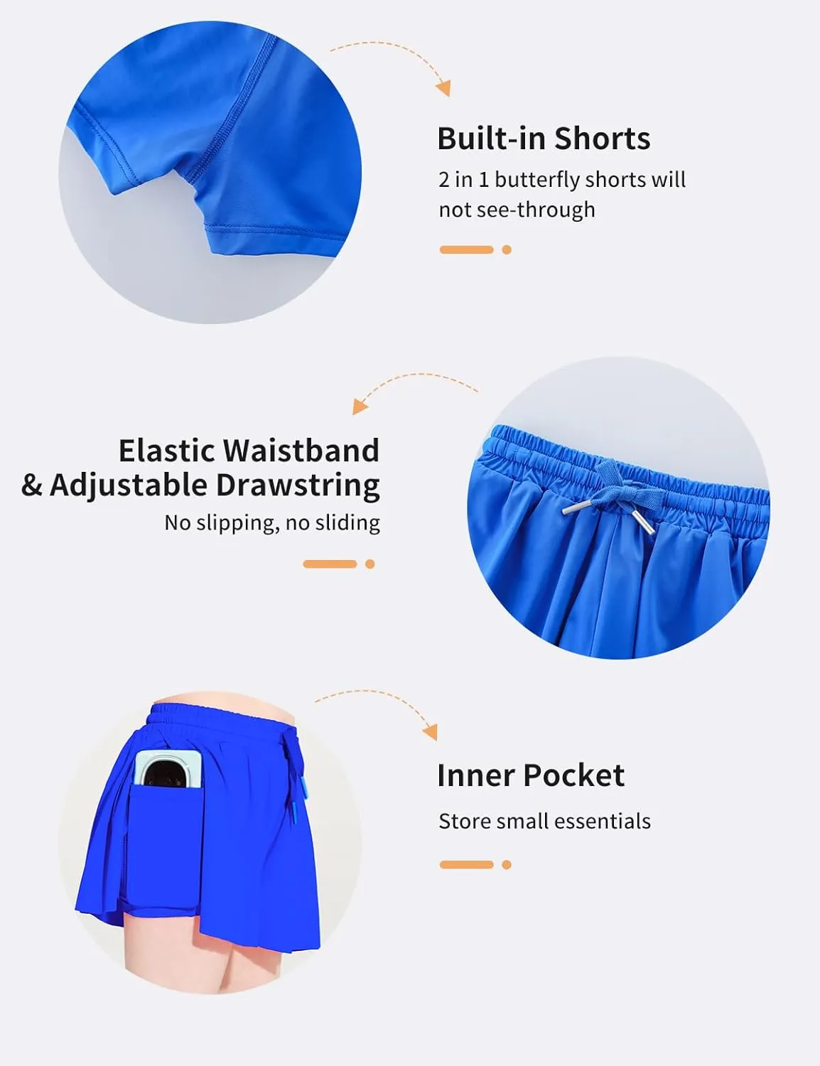 Butterfly Shorts Girls 2 in 1 Flowy Skorts with Pocket Athletic Running Tennis Skirts 3-14Y