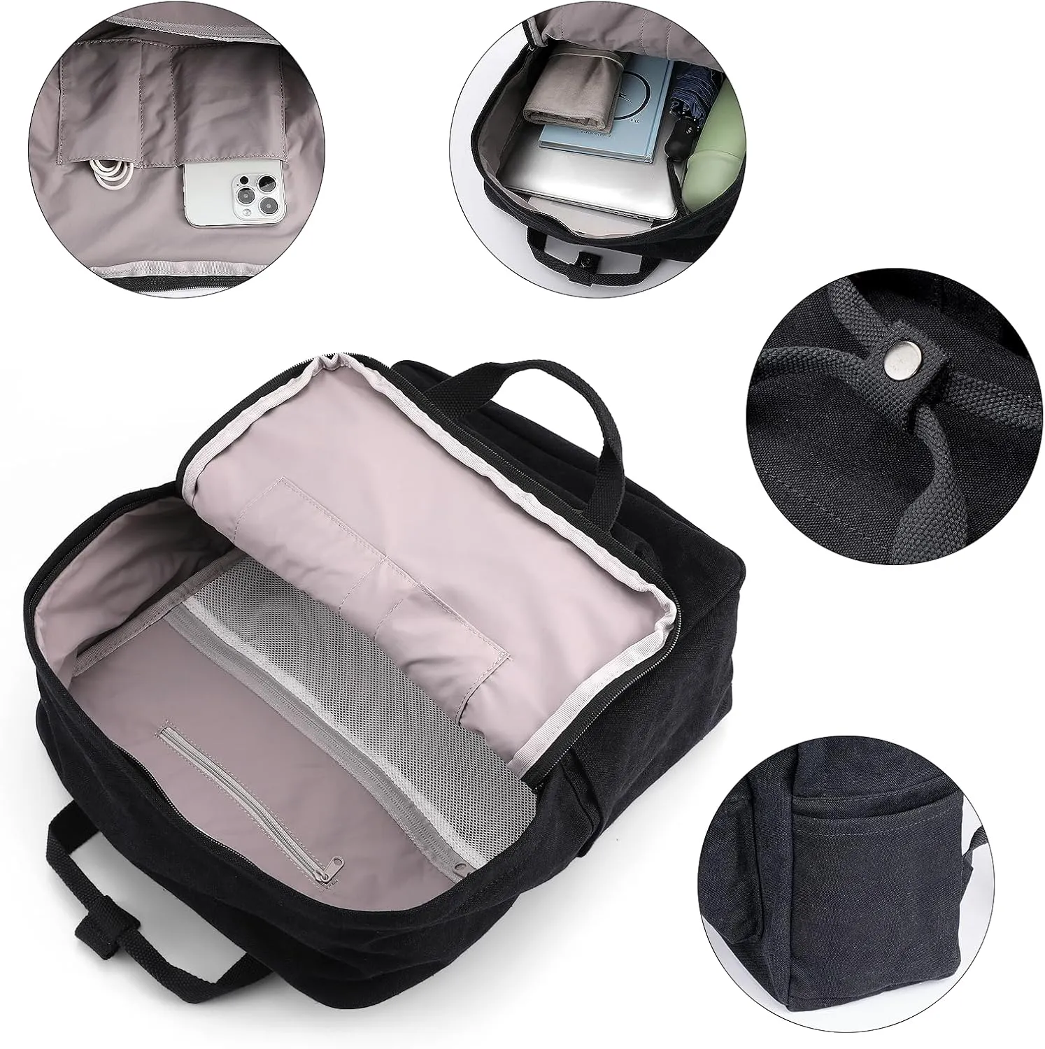 Canvas Backpack for Women Casual Travel Daypack Aesthetic Backpacks Lightweight Handbag Purse (Black)