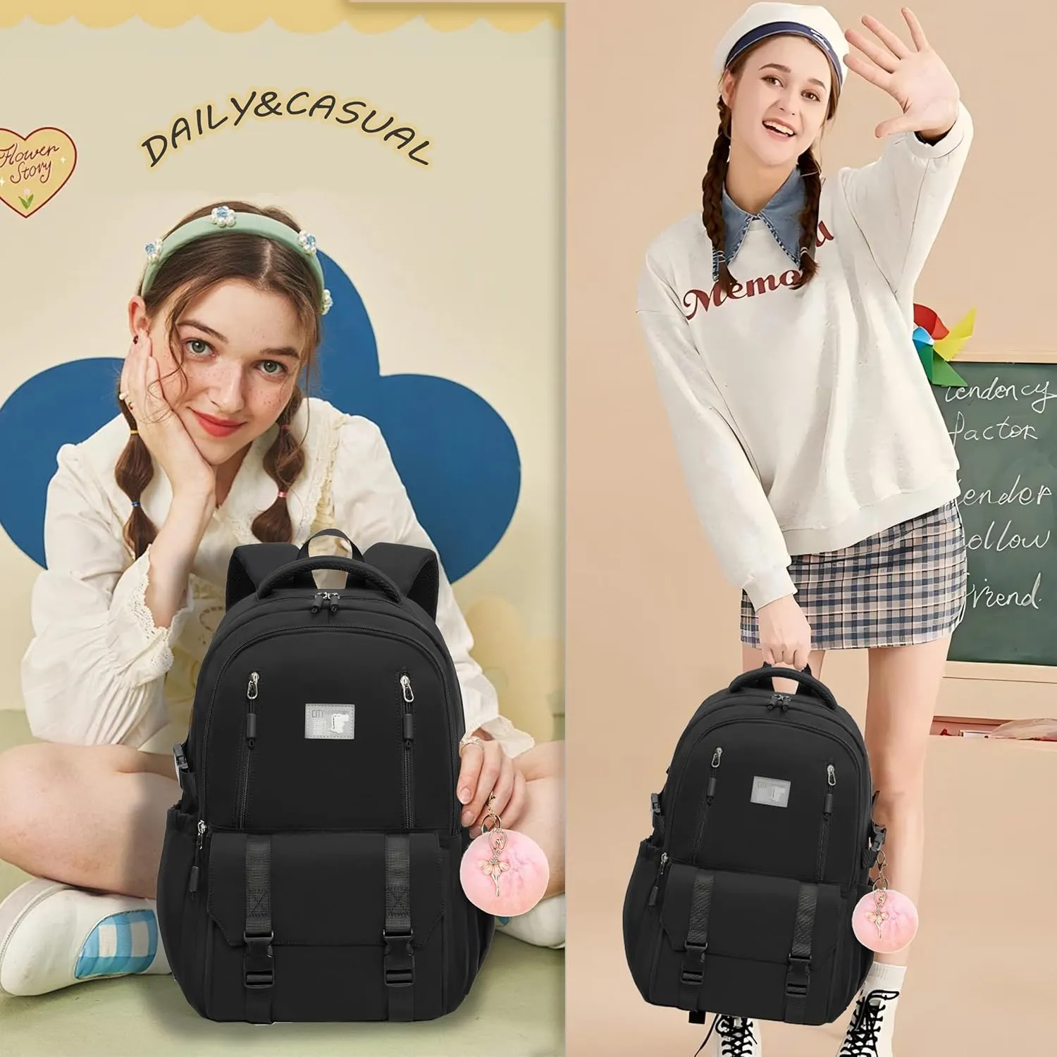 Caoroky knight Travel Laptop Backpack for Women Girls Elementary High School Bag College Backpacks Waterproof Daypack Large Bookbags Purse for Teens Students Computer Bags 15.6 Inch-Black