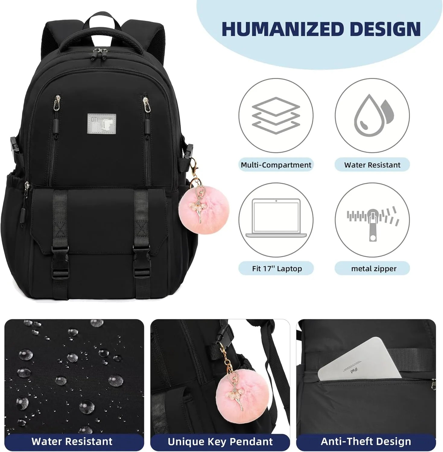 Caoroky knight Travel Laptop Backpack for Women Girls Elementary High School Bag College Backpacks Waterproof Daypack Large Bookbags Purse for Teens Students Computer Bags 15.6 Inch-Black